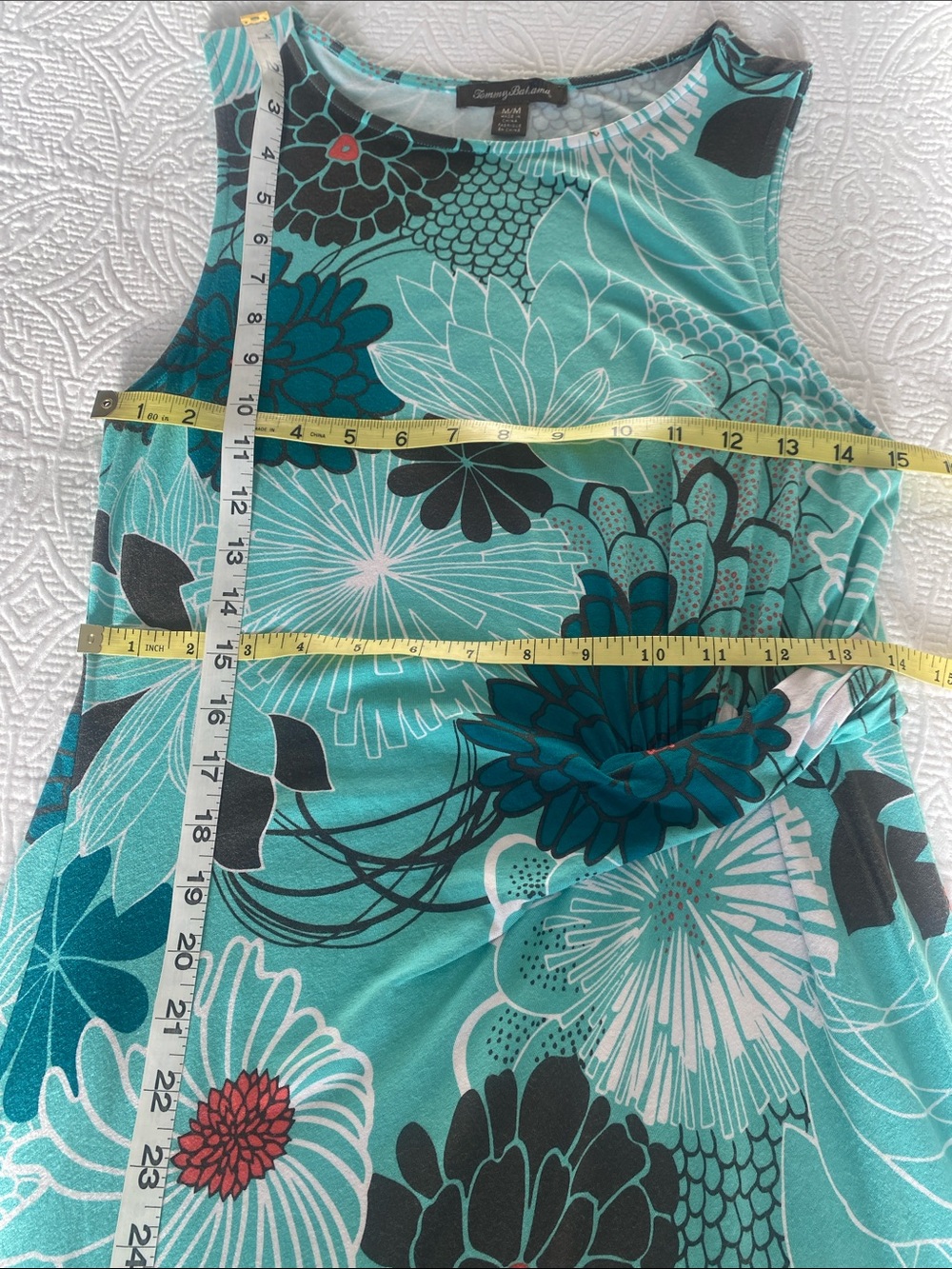 Tommy Bahama Teal and Black Floral Tank Dress With Ruching Waistline Sz M - Picture 9 of 13